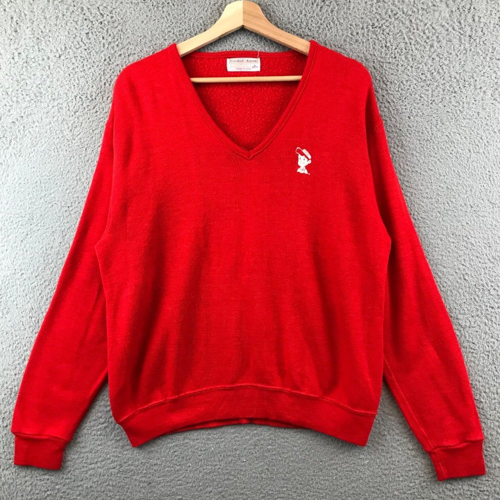 Vintage 60s CRESLAN and RAYON‎ Red L V-neck Sweater